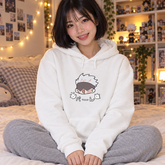 Jujutsu Kaisen Chibi Gojo Hoodie worn in white