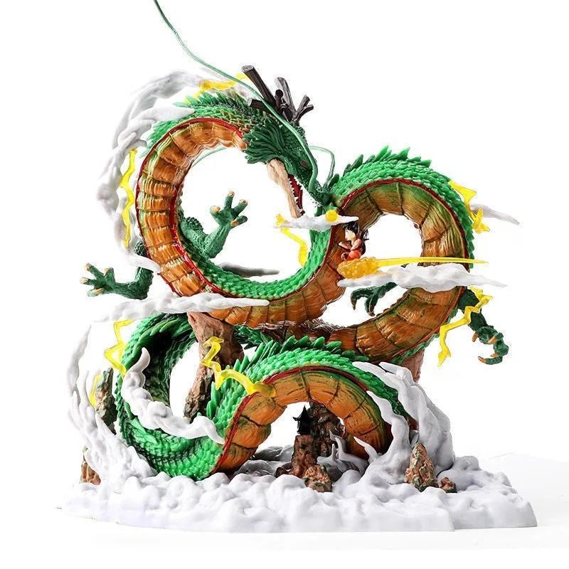 Dragon Ball Shenron coiled through white clouds with Goku riding along on a figure base