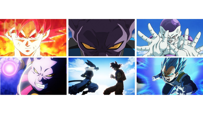 Dragon Ball Super: Beerus stills of Super Saiyan God Goku, Beerus, Frieza and Super Saiyan Blue Vegeta