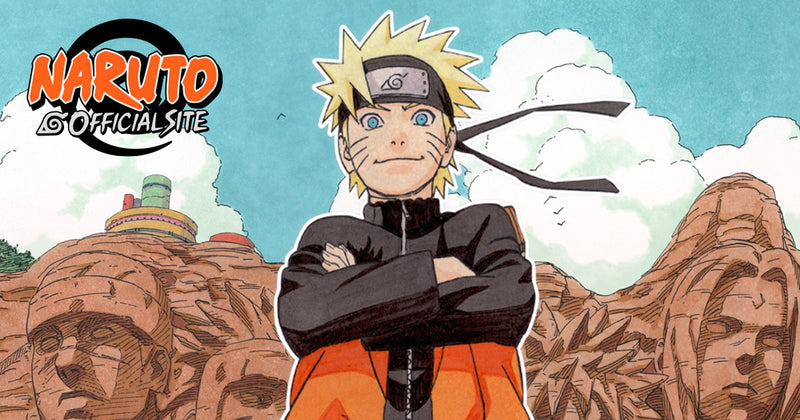 Naruto Uzumaki with arms crossed in front of the Hokage Rock on the official Naruto site art