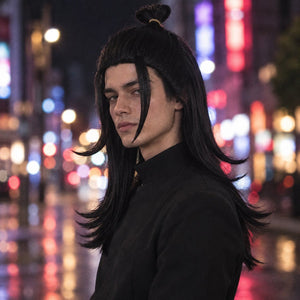 Cosplayer in a long black Suguru Geto style wig and black high-collar jacket on a rainy neon-lit city street