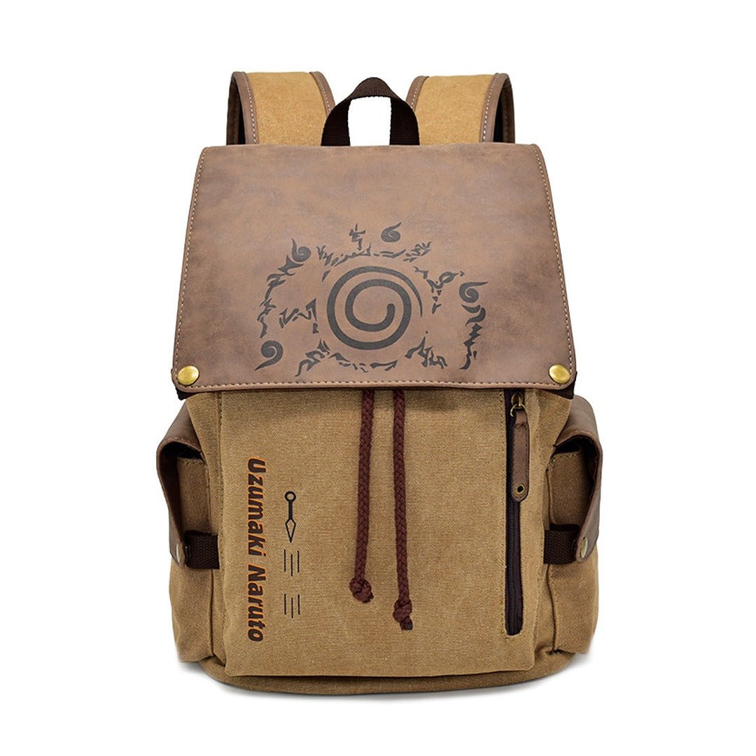 Brown canvas Naruto backpack with the Nine-Tails seal spiral on the leather flap and Uzumaki Naruto printed on the front