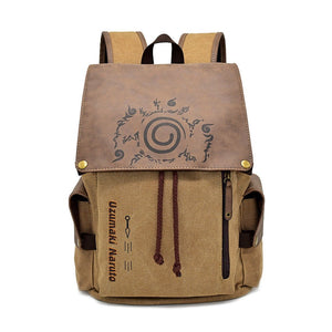 Brown canvas Naruto backpack with the Nine-Tails seal spiral on the leather flap and Uzumaki Naruto printed on the front