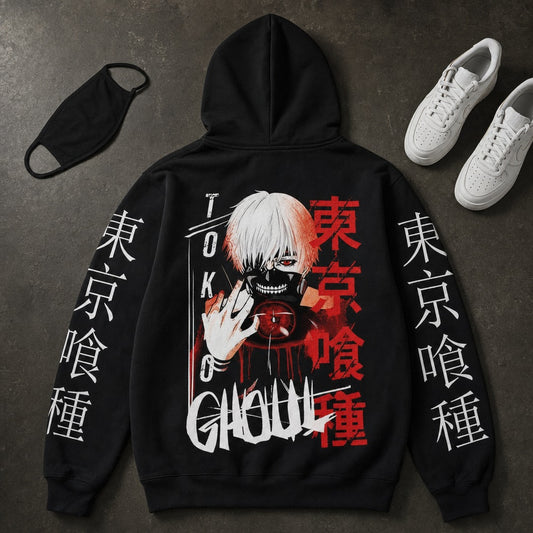 Tokyo Ghoul Kaneki Eyes Hoodie, back print flat lay